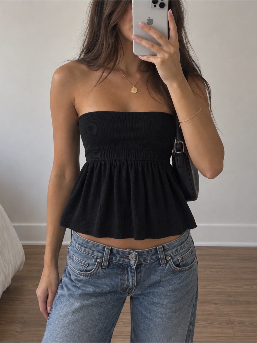 Guess Strapless Black Knit Babydoll Top Women‎ Small Satin Tie Fairy Goth Y2K